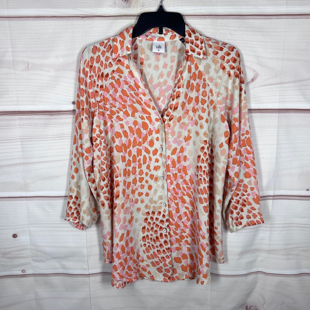 CAbi 6081 Shirt Women XS Orange Animal Print Button Down Top Long Sleeve Office